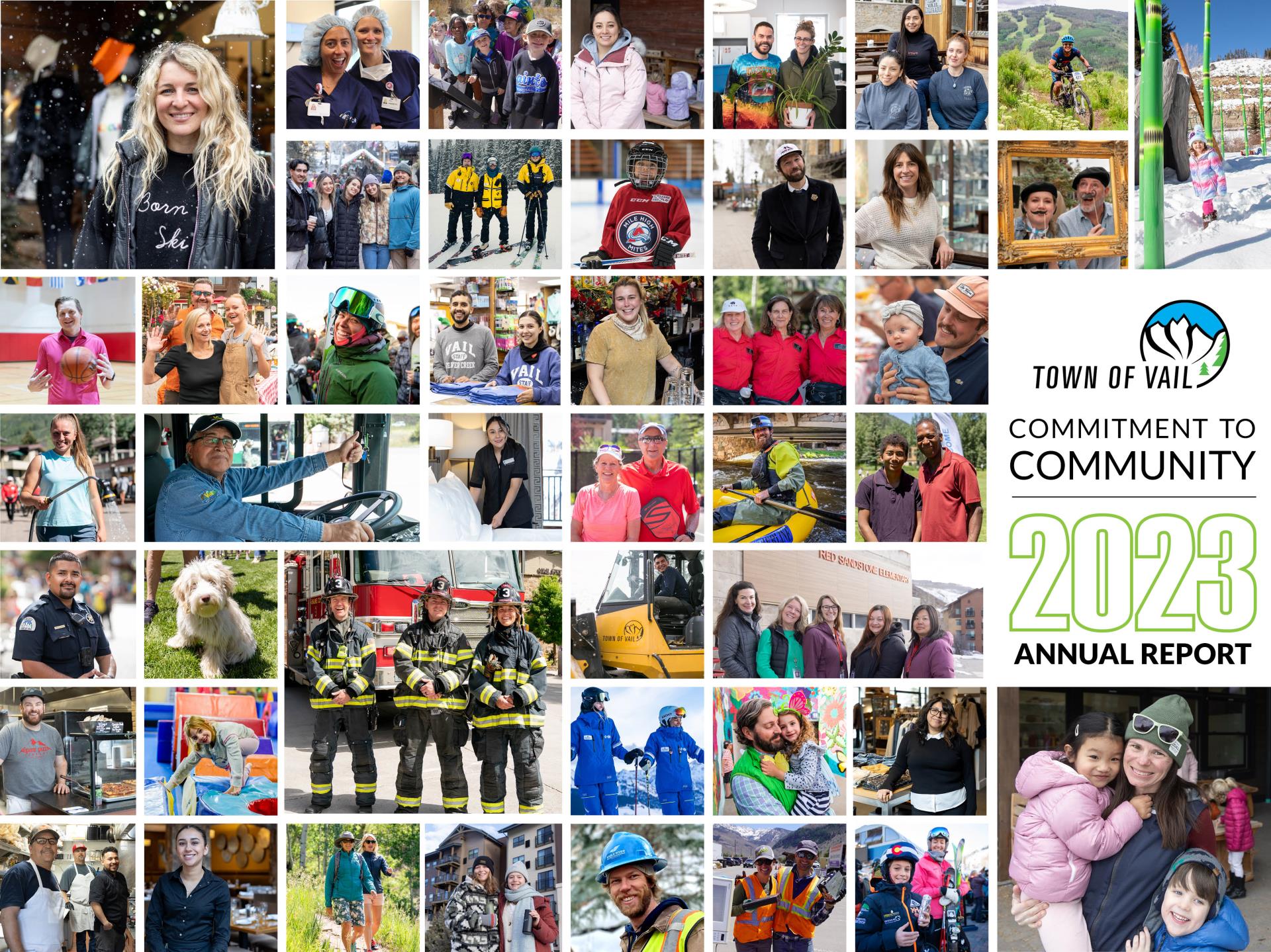 Collage of faces of the many different people that make up the Vail community from people at their place of work to out enjoying Vail, young and old, families and singles.